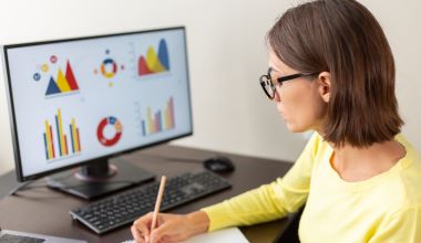 Caucasian advisor financial business analytics woman with data dashboard graphs